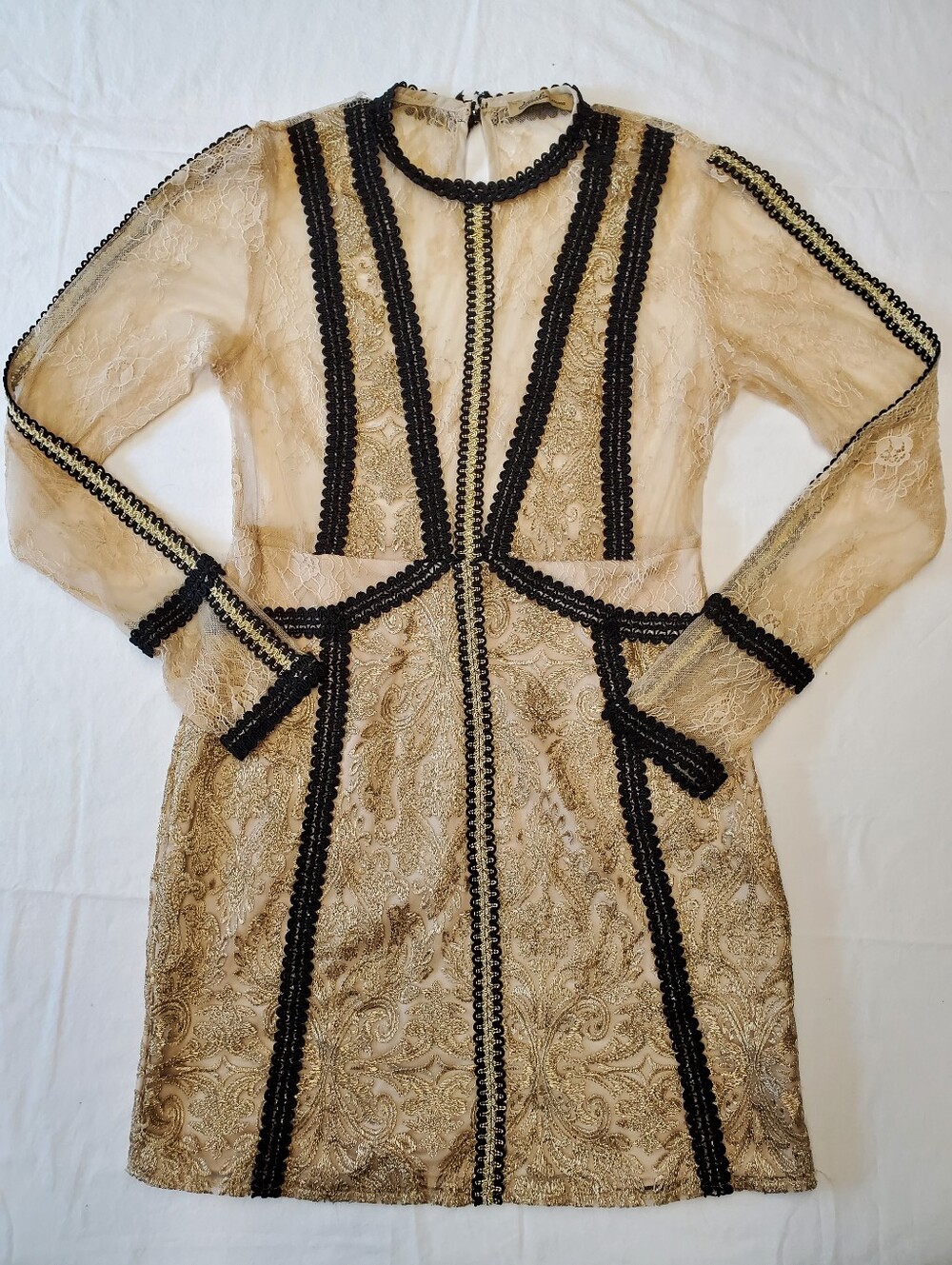 Hush Gold Metallic Lace Mini Dress Black Trim Long Sleeve Occasion